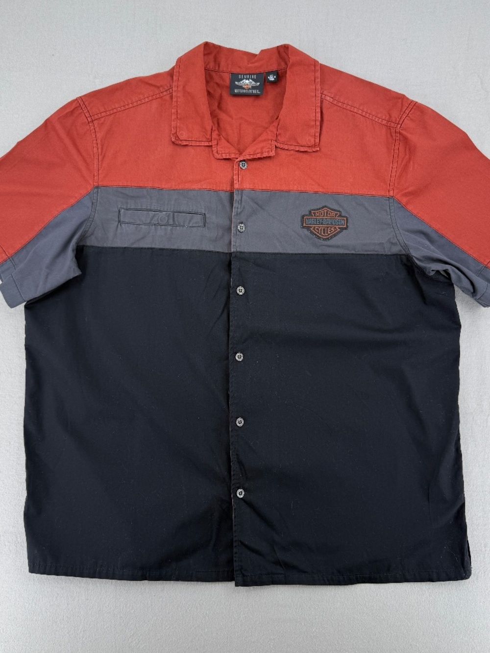 Harley Davidson Motorclothes Short Sleeve Button Up Shirt Orange Grey Black 2XL